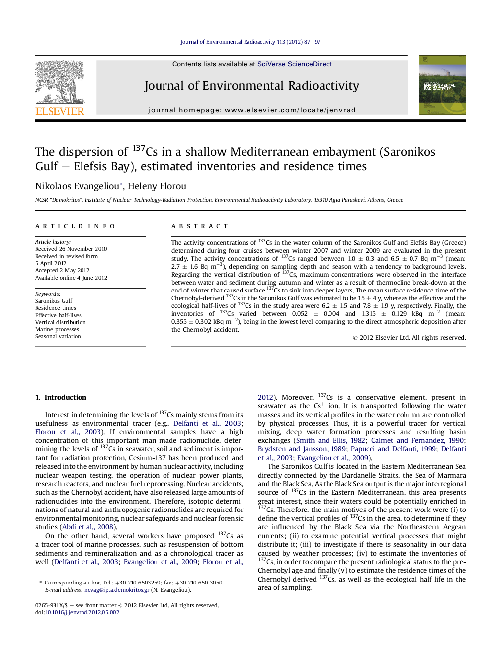 The dispersion of 137Cs in a shallow Mediterranean embayment (Saronikos Gulf - Elefsis Bay), estimated inventories and residence times