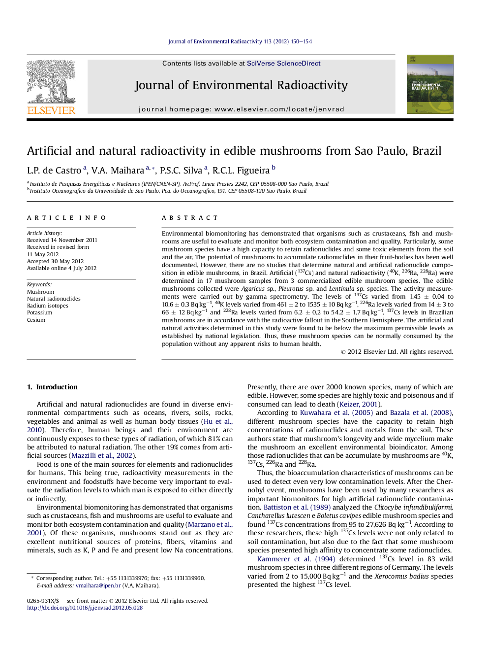 Artificial and natural radioactivity in edible mushrooms from Sao Paulo, Brazil