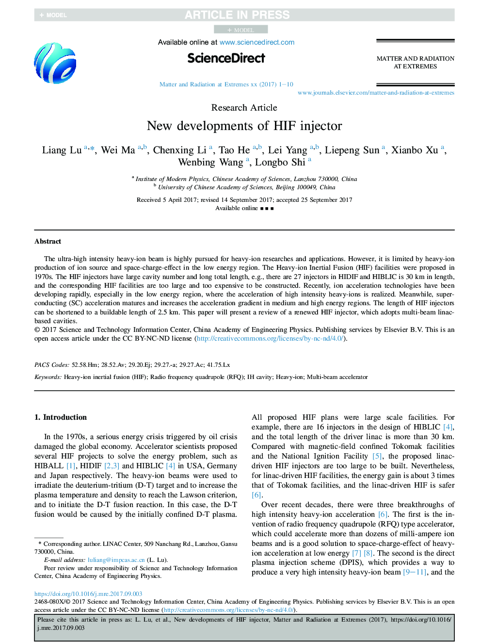 New developments of HIF injector