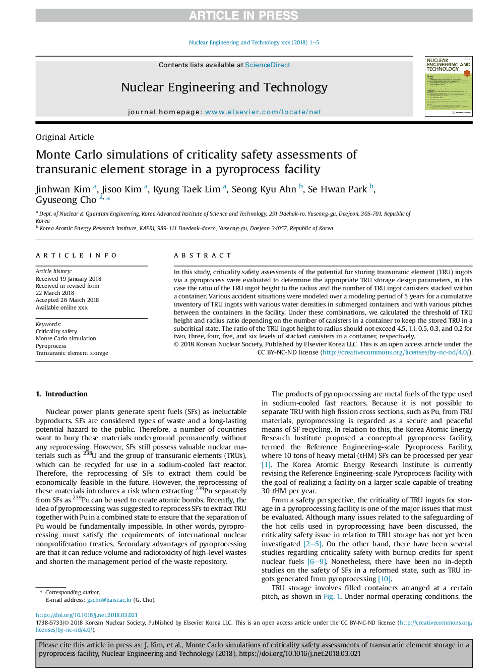 Monte Carlo simulations of criticality safety assessments of transuranic element storage in a pyroprocess facility