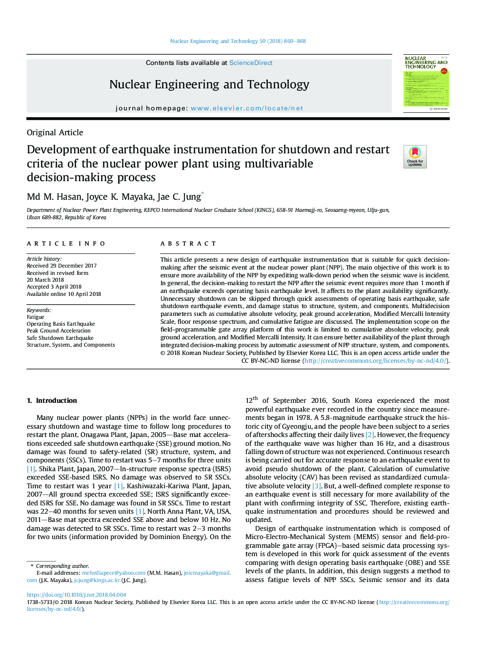 Development of earthquake instrumentation for shutdown and restart criteria of the nuclear power plant using multivariable decision-making process