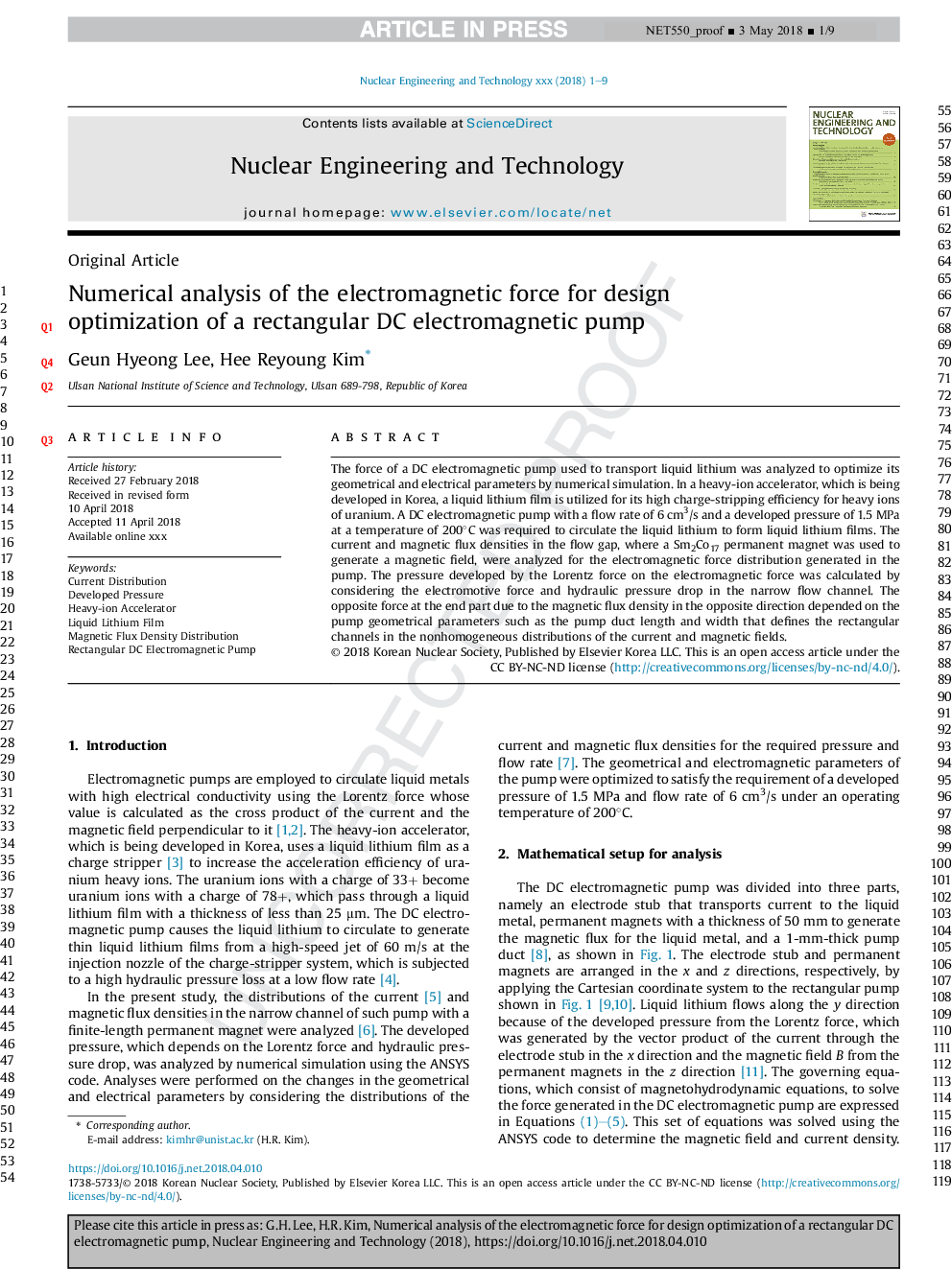 Numerical analysis of the electromagnetic force for design optimization of a rectangular direct current electromagnetic pump