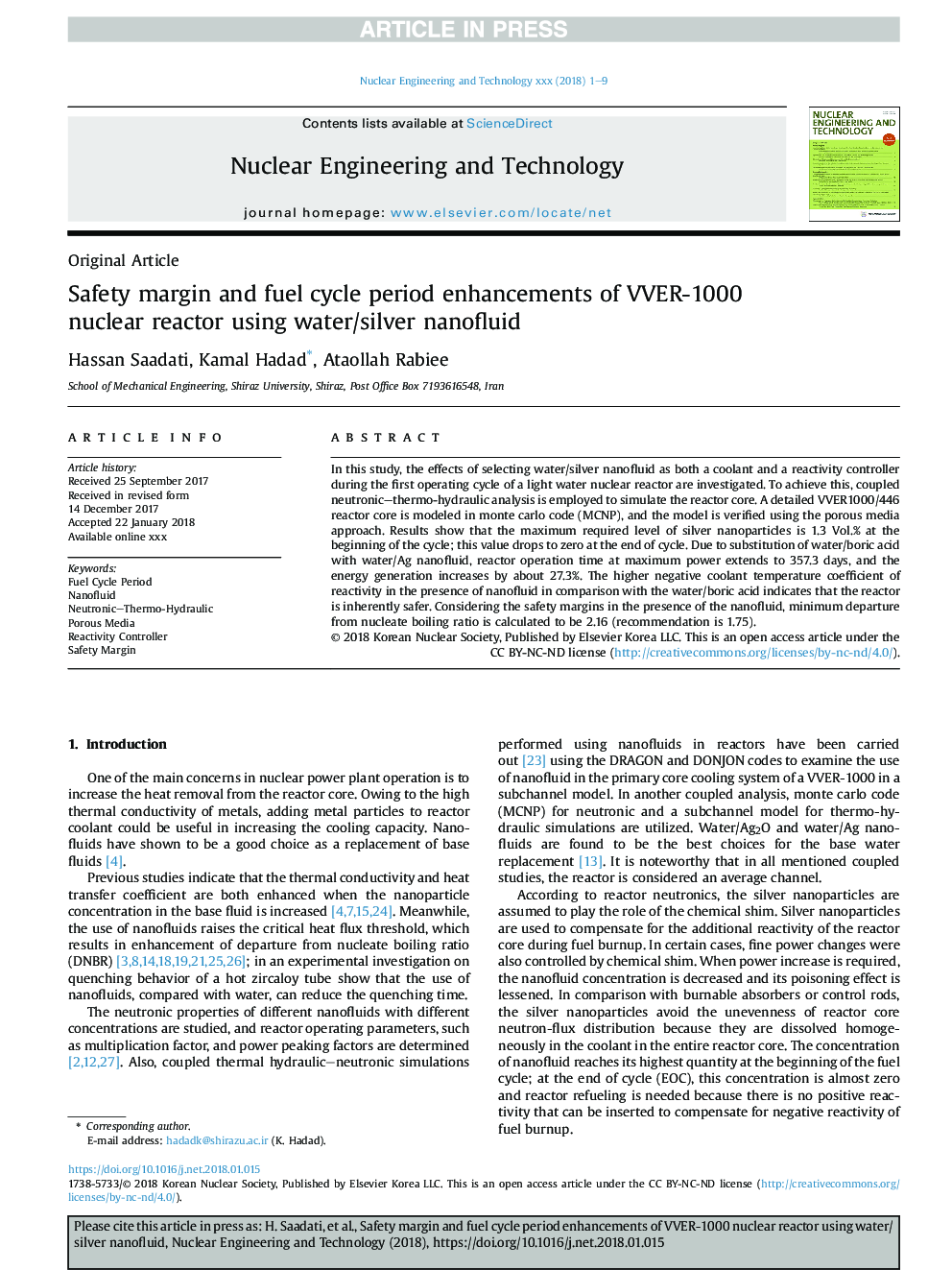 Safety margin and fuel cycle period enhancements of VVER-1000 nuclear reactor using water/silver nanofluid