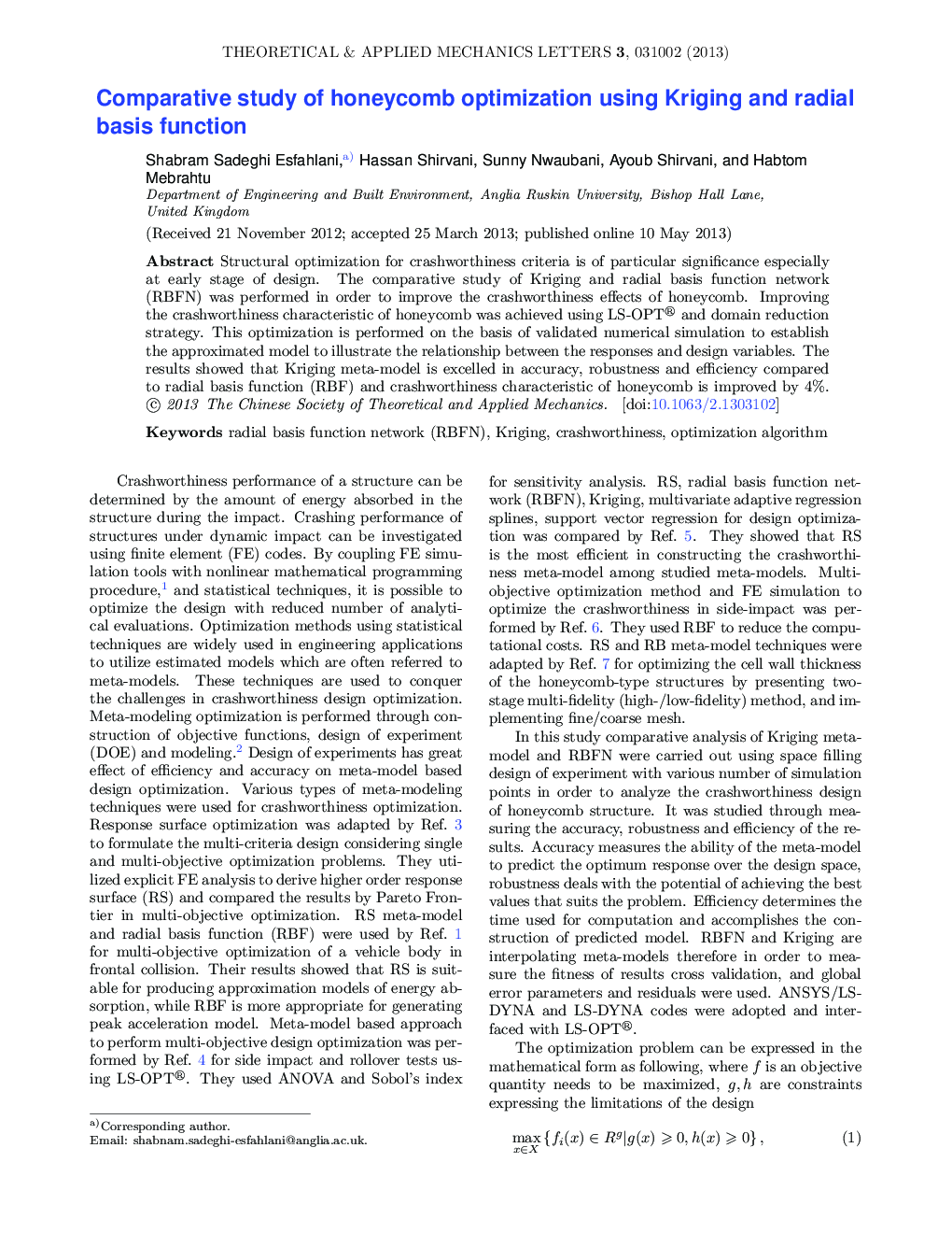 عکس صفحه اول مقاله: Comparative study of honeycomb optimization using Kriging and radial basis function Comparative study of honeycomb optimization using Kriging and radial basis function