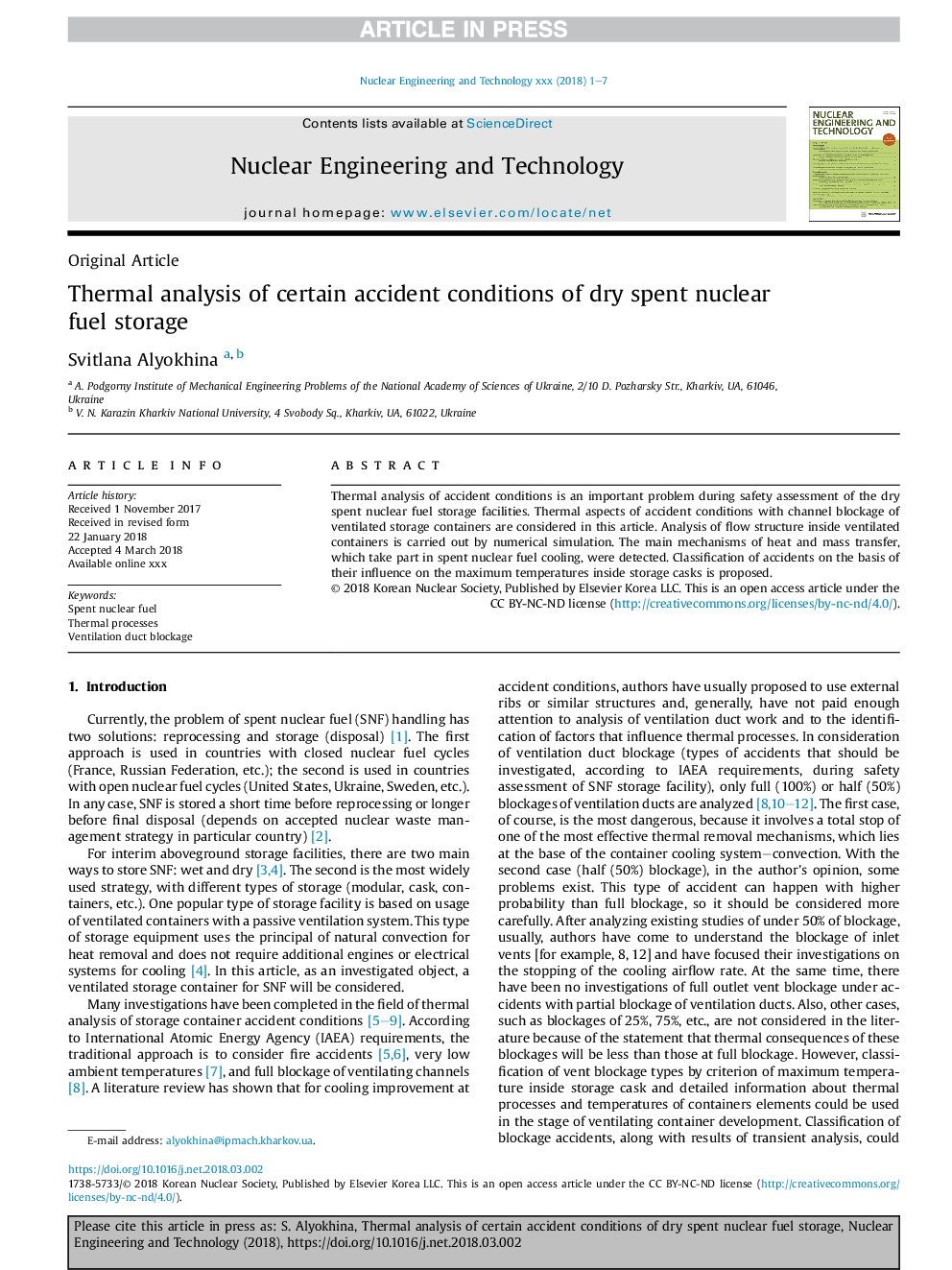 Thermal analysis of certain accident conditions of dry spent nuclear fuel storage