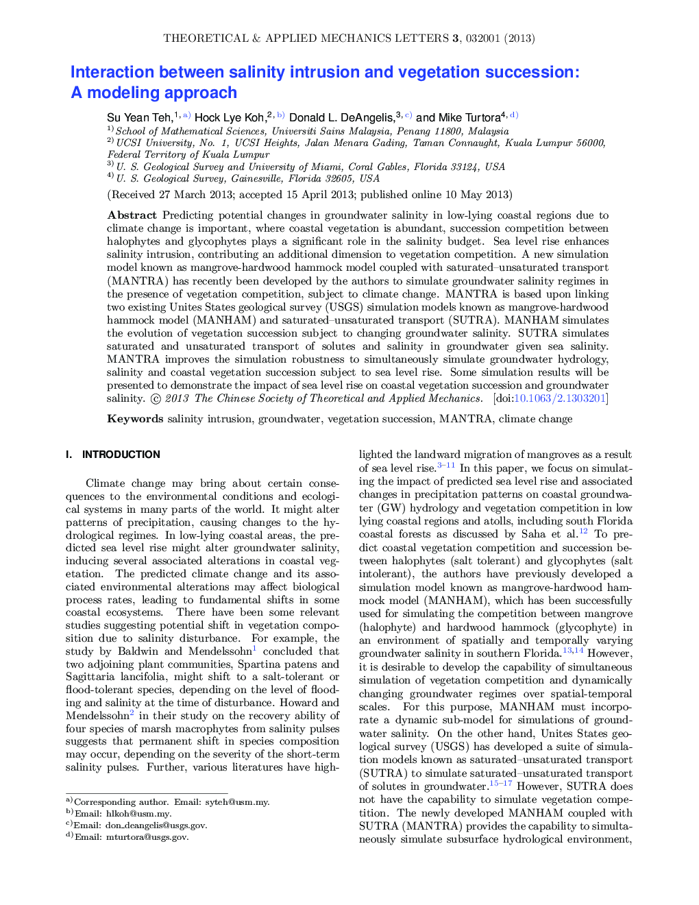 عکس صفحه اول مقاله: Interaction between salinity intrusion and vegetation succession: A modeling approach Interaction between salinity intrusion and vegetation succession: A modeling approach