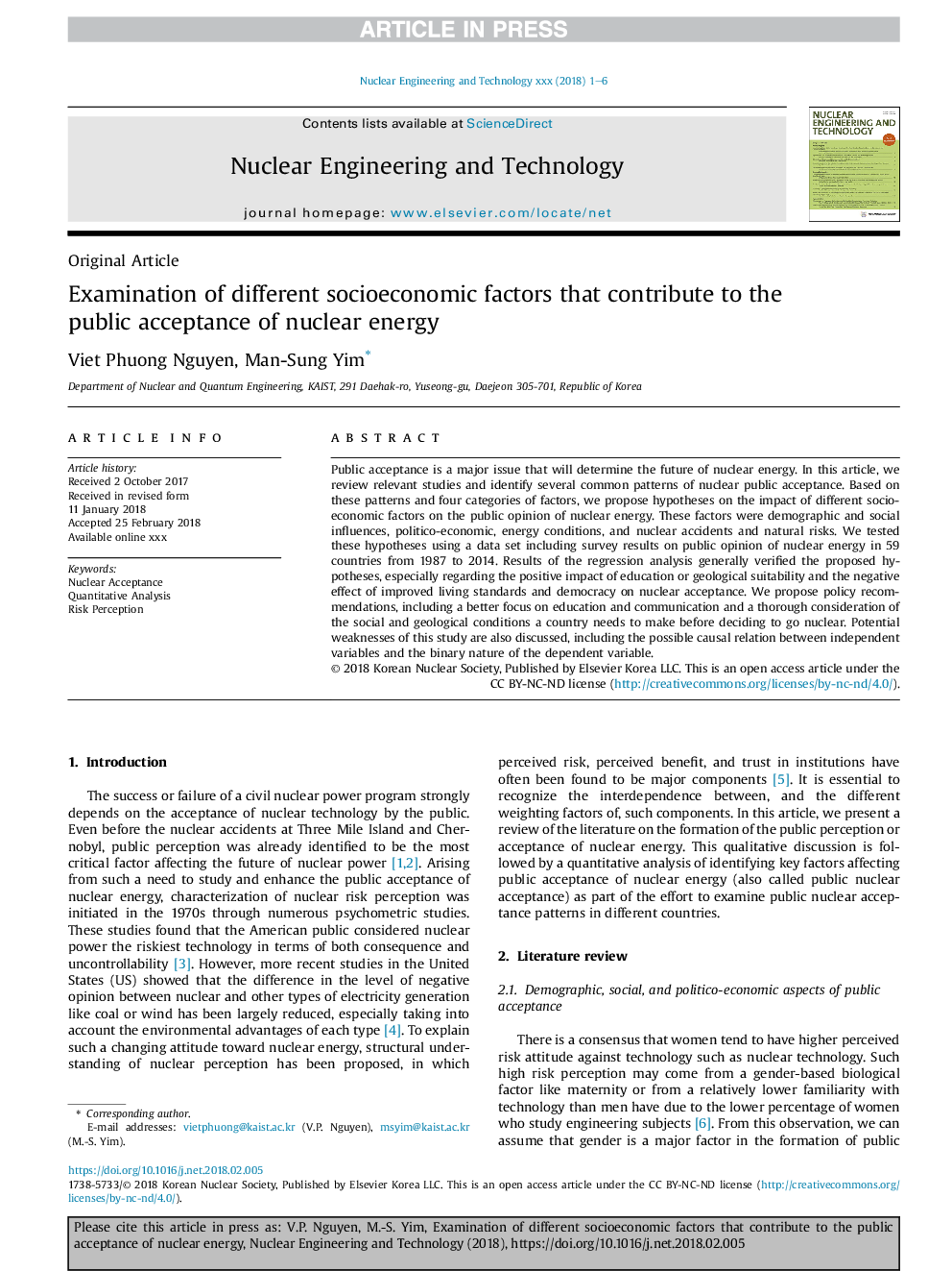 Examination of different socioeconomic factors that contribute to the public acceptance of nuclear energy