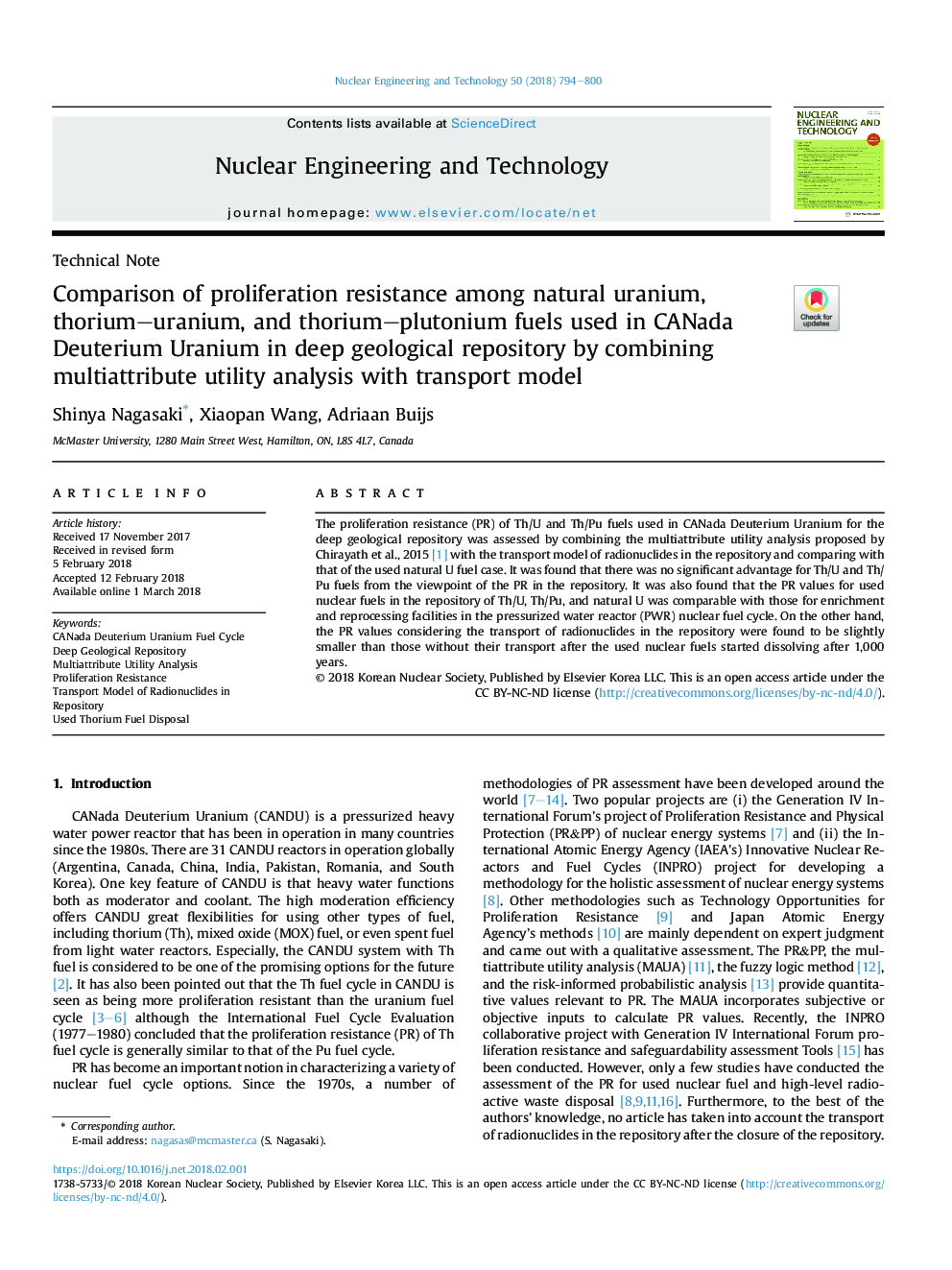 Comparison of proliferation resistance among natural uranium, thorium-uranium, and thorium-plutonium fuels used in CANada Deuterium Uranium in deep geological repository by combining multiattribute utility analysis with transport model