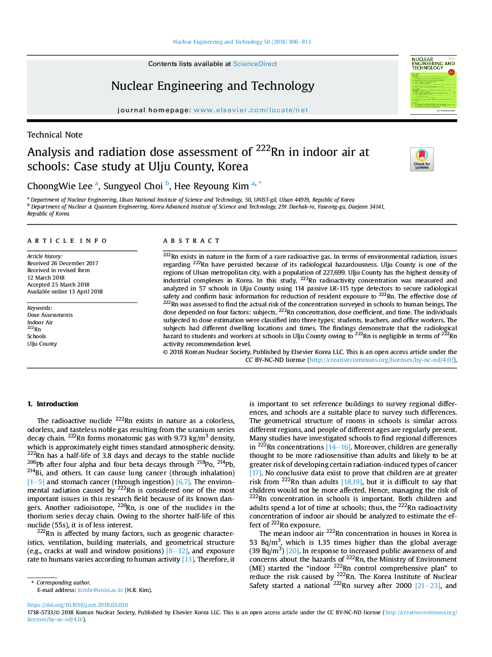 Analysis and radiation dose assessment of 222Rn in indoor air at schools: Case study at Ulju County, Korea