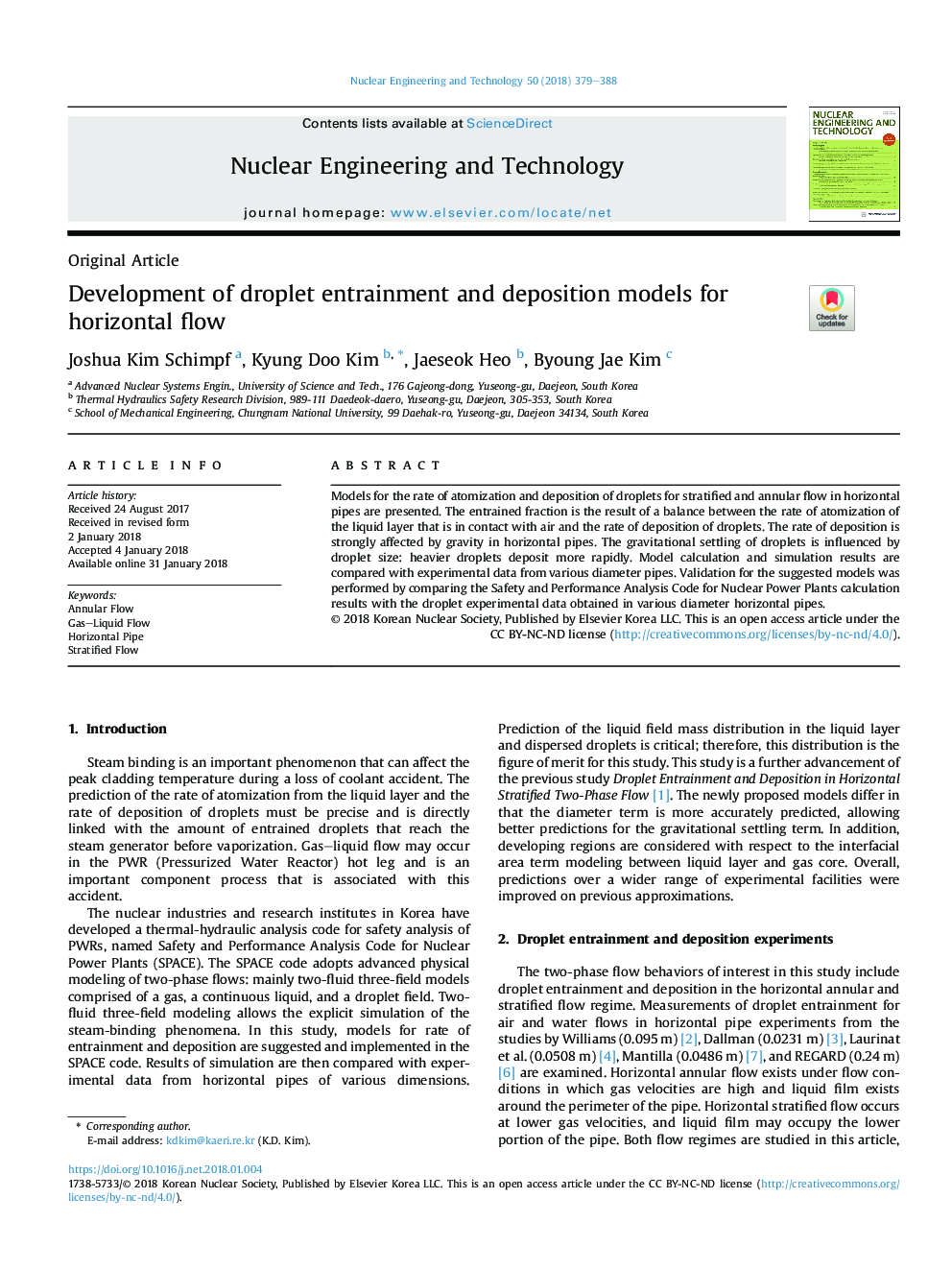 Development of droplet entrainment and deposition models for horizontal flow