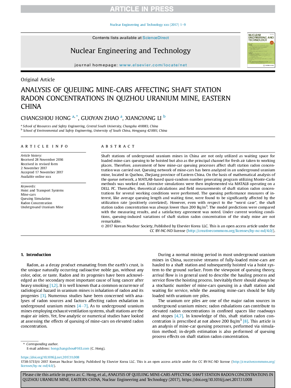 Analysis of queuing mine-cars affecting shaft station radon concentrations in Quzhou uranium mine, eastern China