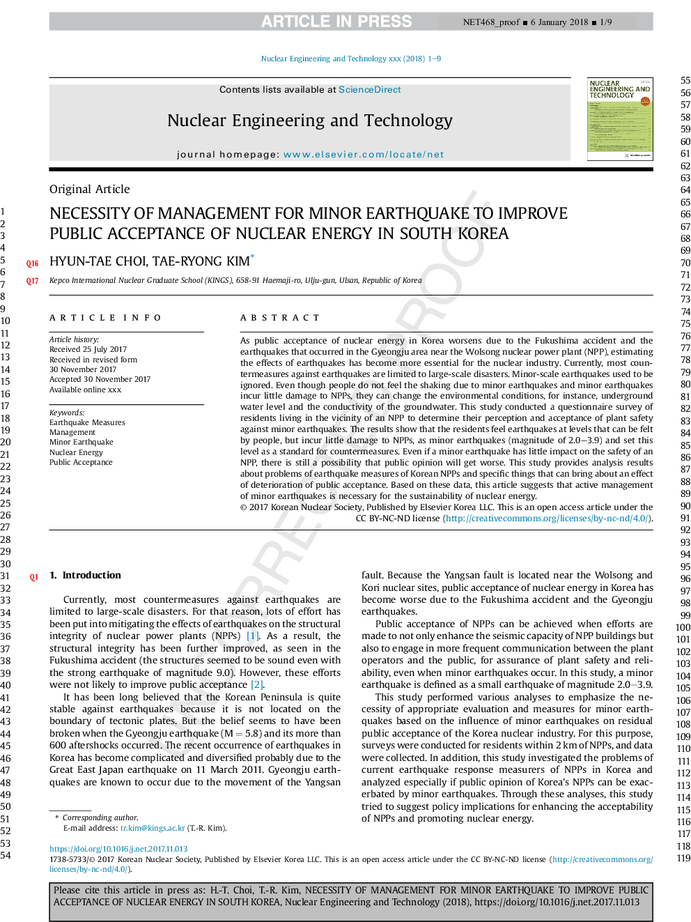 Necessity of management for minor earthquake to improve public acceptance of nuclear energy in South Korea