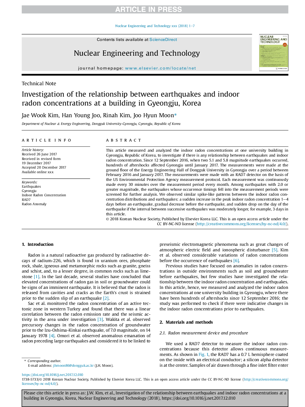 Investigation of the relationship between earthquakes and indoor radon concentrations at a building in Gyeongju, Korea