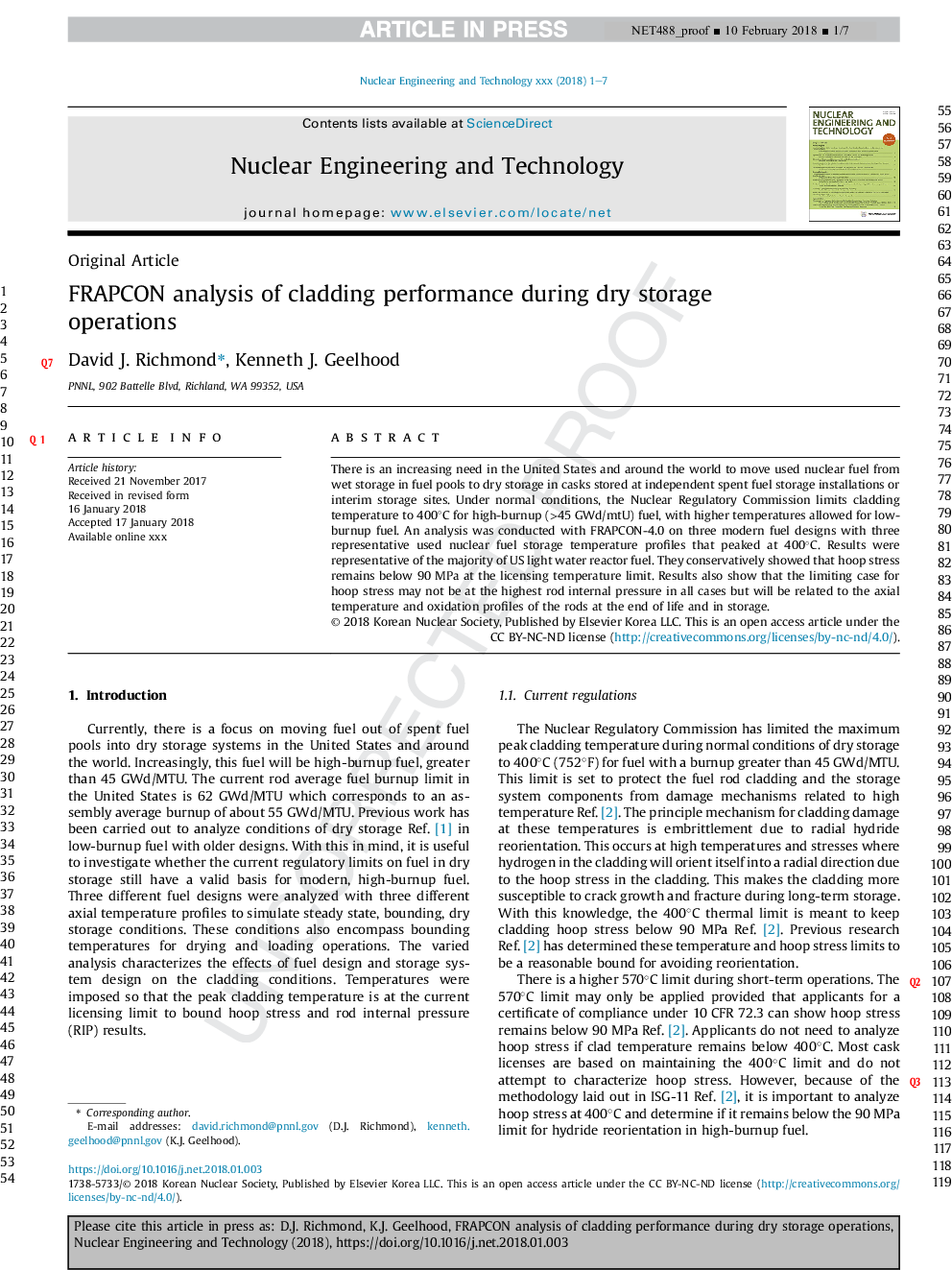 FRAPCON analysis of cladding performance during dry storage operations