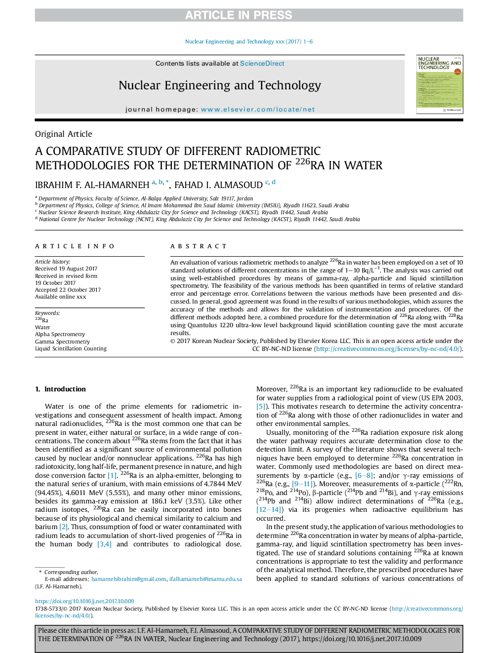 A comparative study of different radiometric methodologies for the determination of 226Ra in water