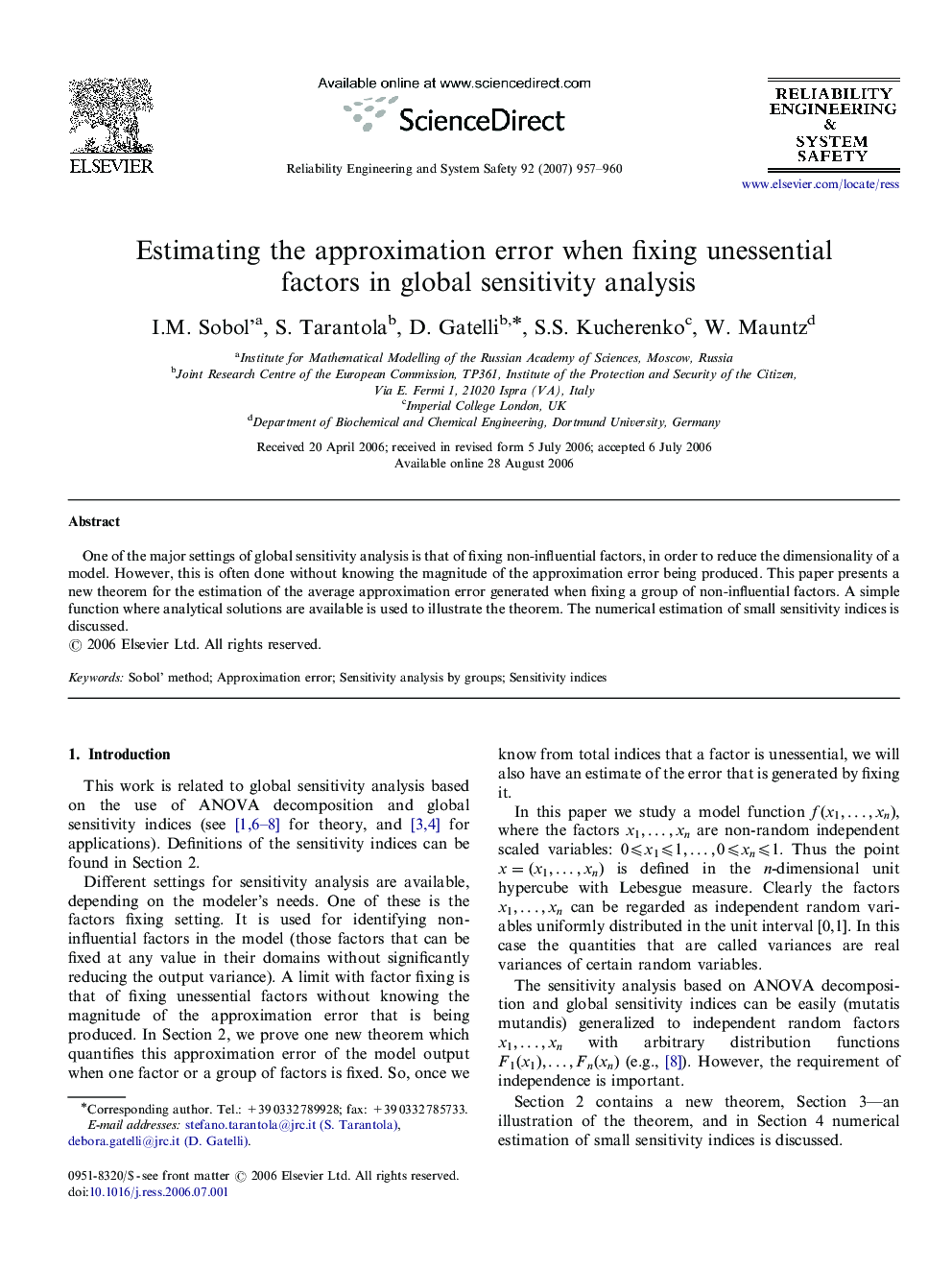 Estimating the approximation error when fixing unessential factors in global sensitivity analysis
