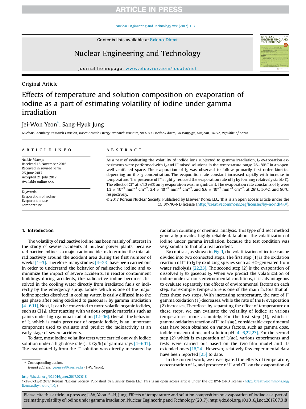 Effects of temperature and solution composition on evaporation of iodine as a part of estimating volatility of iodine under gamma irradiation