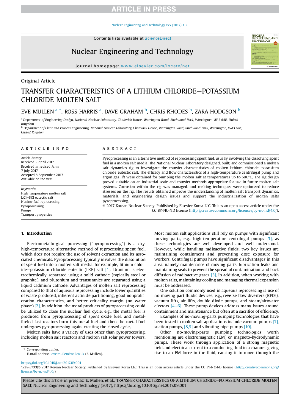 Transfer characteristics of a lithium chloride-potassium chloride molten salt