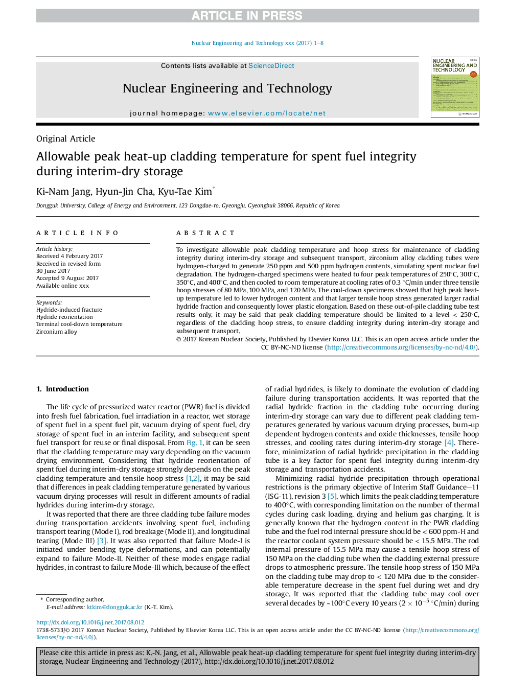 Allowable peak heat-up cladding temperature for spent fuel integrity during interim-dry storage