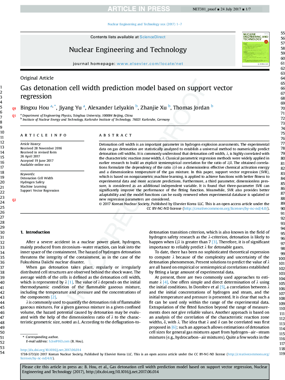 Gas detonation cell width prediction model based on support vector regression