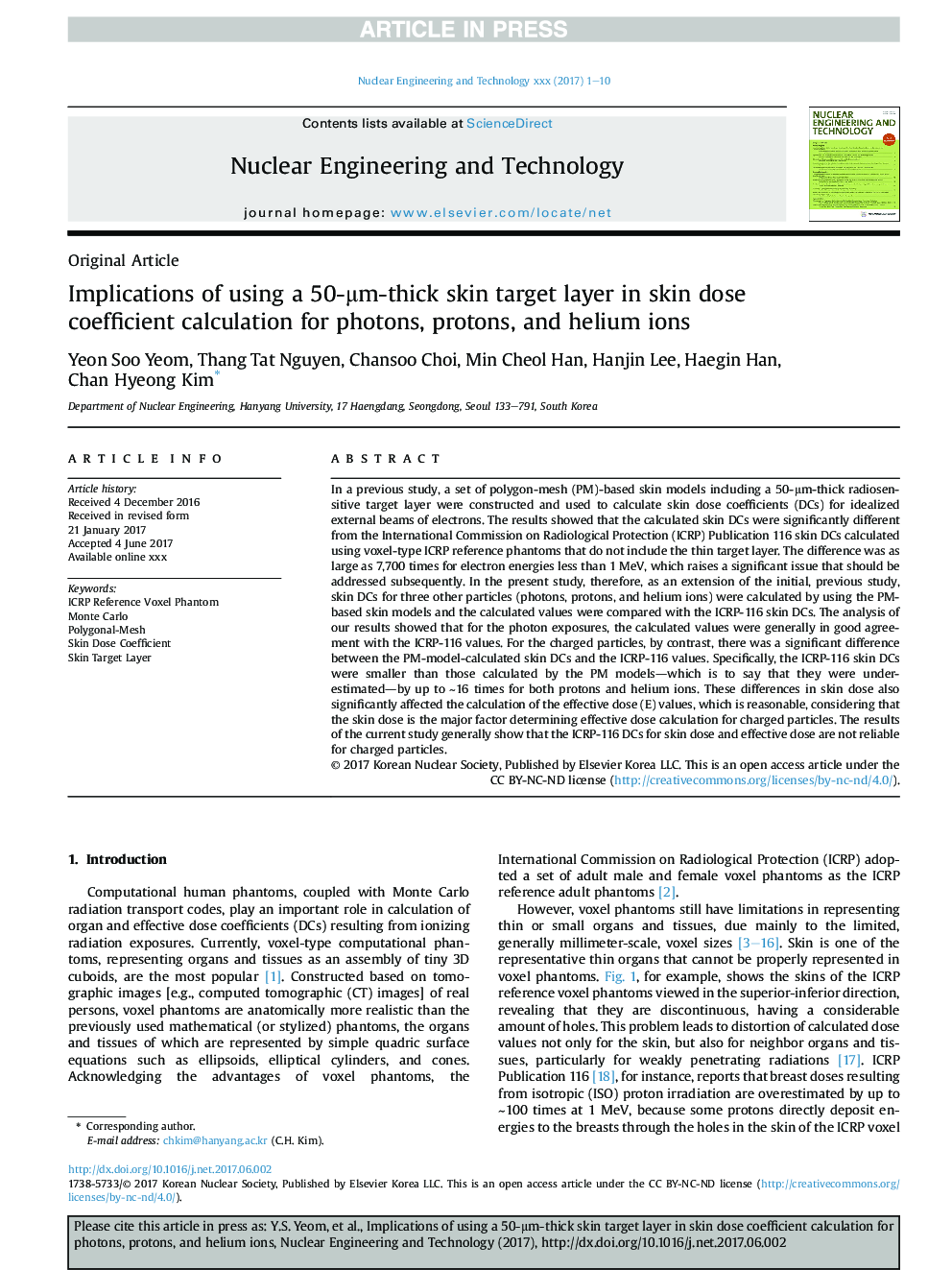 Implications of using a 50-Î¼m-thick skin target layer in skin dose coefficient calculation for photons, protons, and helium ions