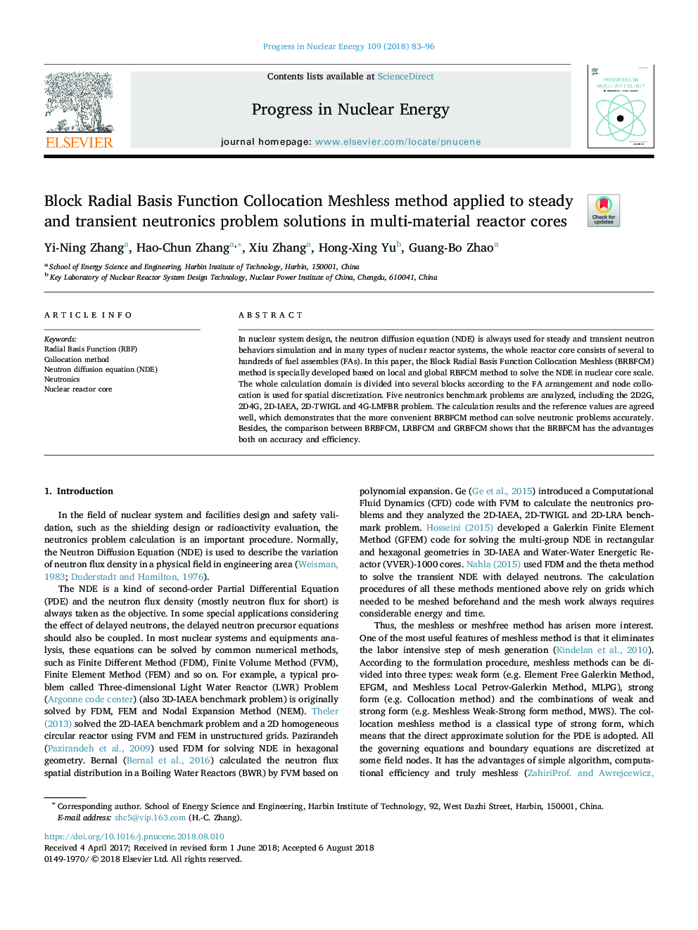 Block Radial Basis Function Collocation Meshless method applied to steady and transient neutronics problem solutions in multi-material reactor cores