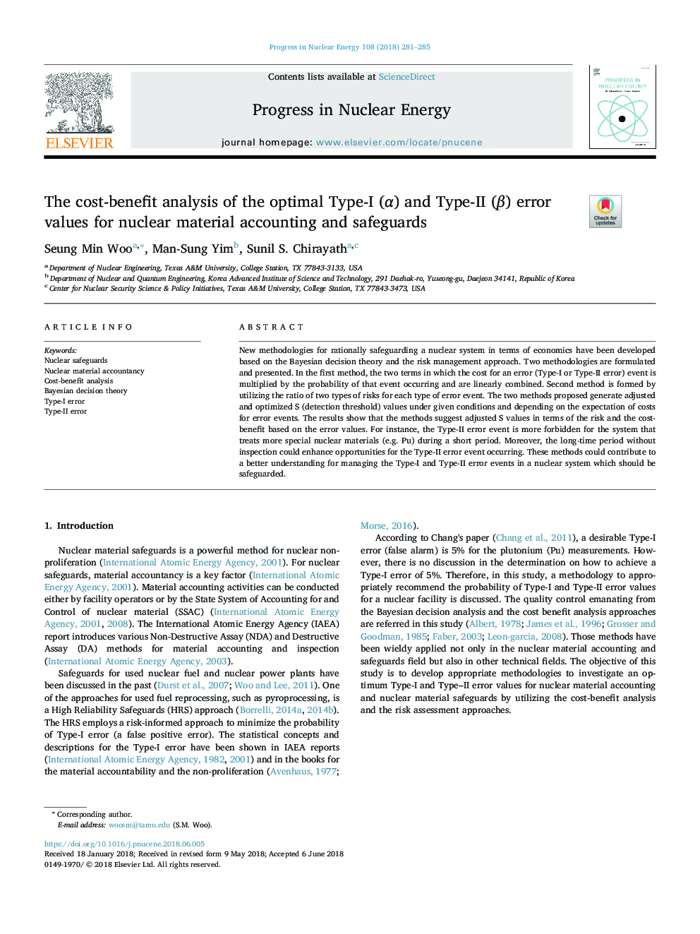 The cost-benefit analysis of the optimal Type-I (Î±) and Type-II (Î²) error values for nuclear material accounting and safeguards