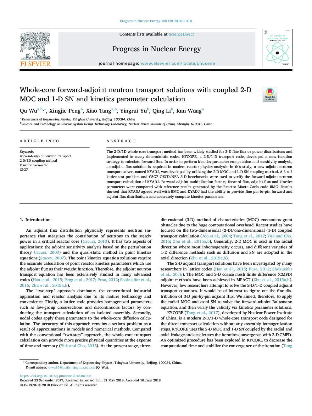 Whole-core forward-adjoint neutron transport solutions with coupled 2-D MOC and 1-D SN and kinetics parameter calculation