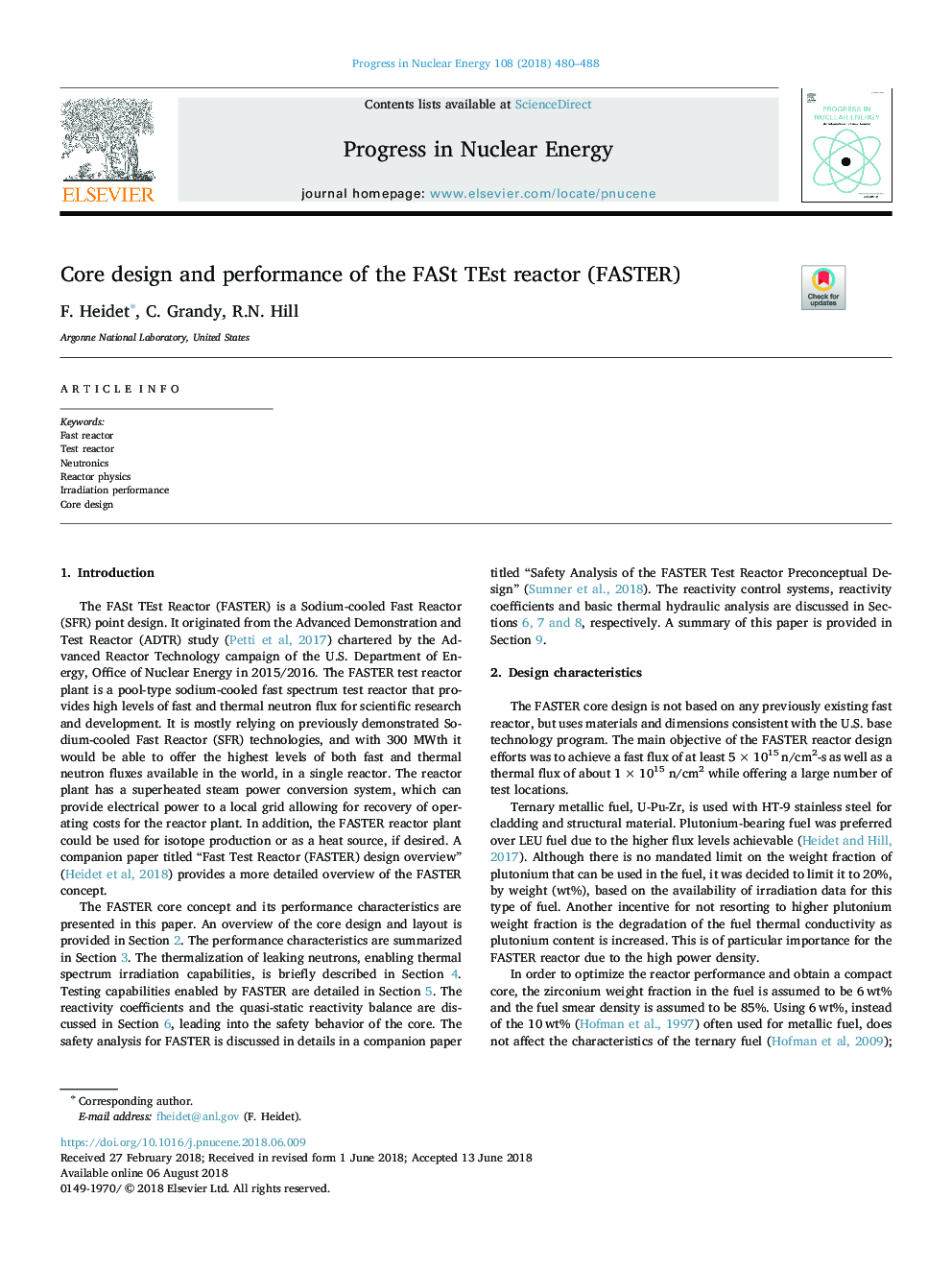 Core design and performance of the FASt TEst reactor (FASTER)