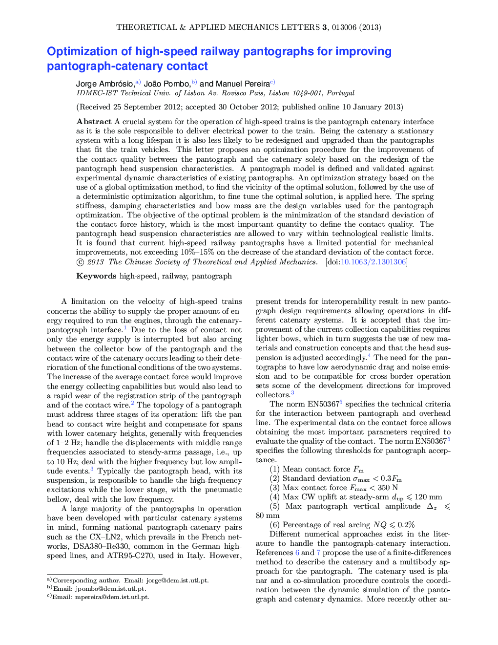 عکس صفحه اول مقاله: Optimization of high-speed railway pantographs for improving pantograph-catenary contact Optimization of high-speed railway pantographs for improving pantograph-catenary contact