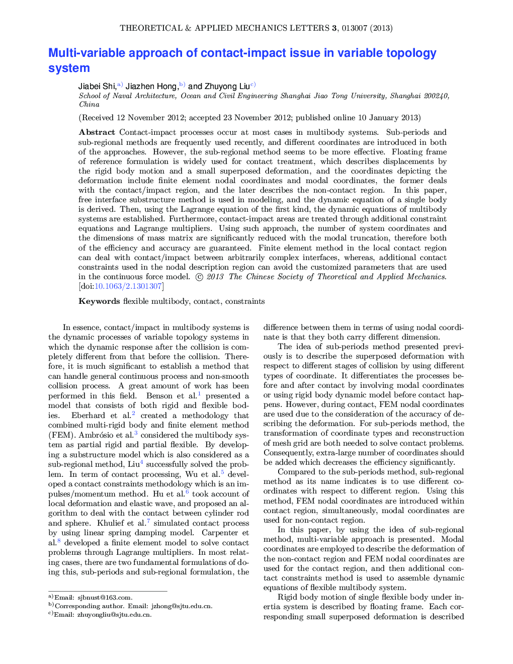 عکس صفحه اول مقاله: Multi-variable approach of contact-impact issue in variable topology system Multi-variable approach of contact-impact issue in variable topology system