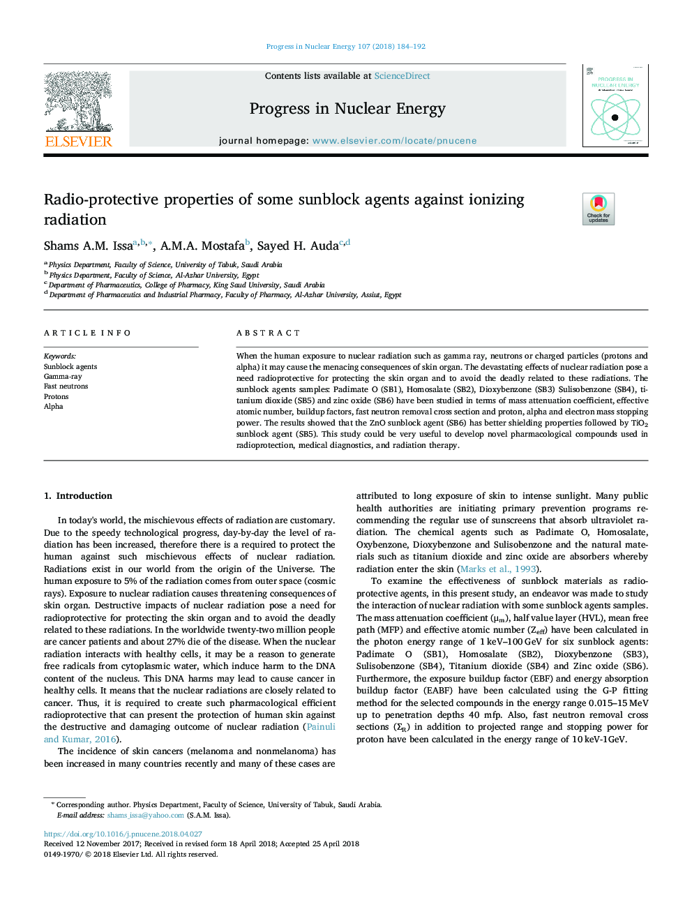 Radio-protective properties of some sunblock agents against ionizing radiation