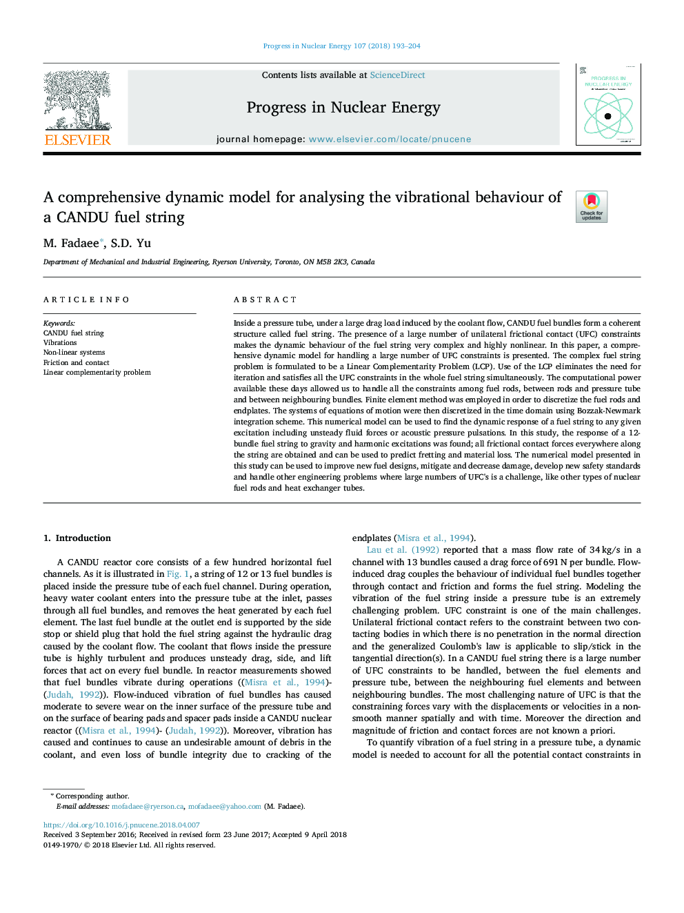 A comprehensive dynamic model for analysing the vibrational behaviour of a CANDU fuel string