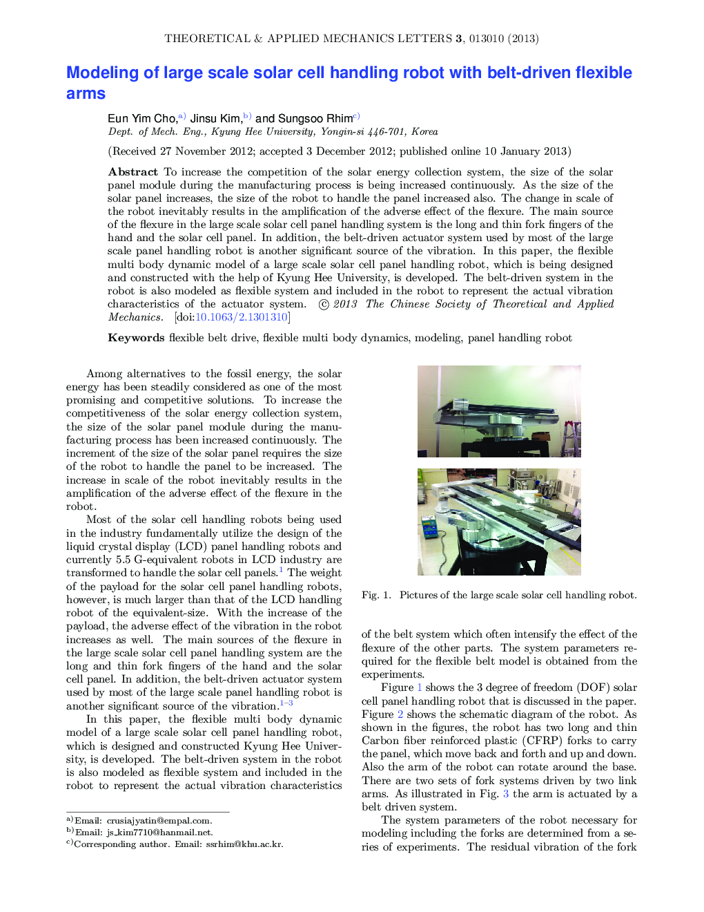 عکس صفحه اول مقاله: Modeling of large scale solar cell handling robot with belt-driven flexible arms Modeling of large scale solar cell handling robot with belt-driven flexible arms