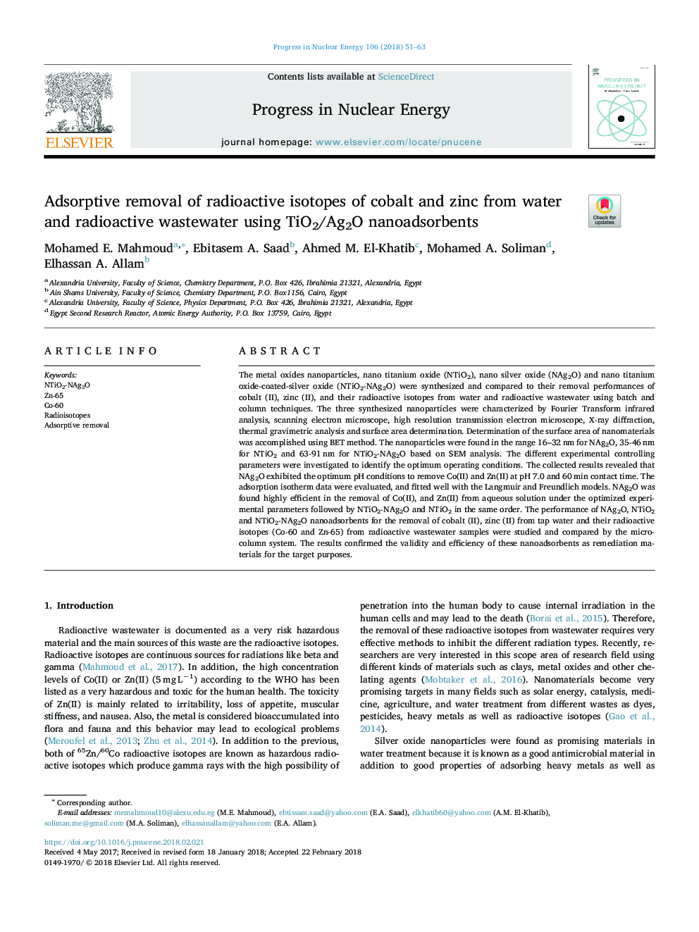 Adsorptive removal of radioactive isotopes of cobalt and zinc from water and radioactive wastewater using TiO2/Ag2O nanoadsorbents