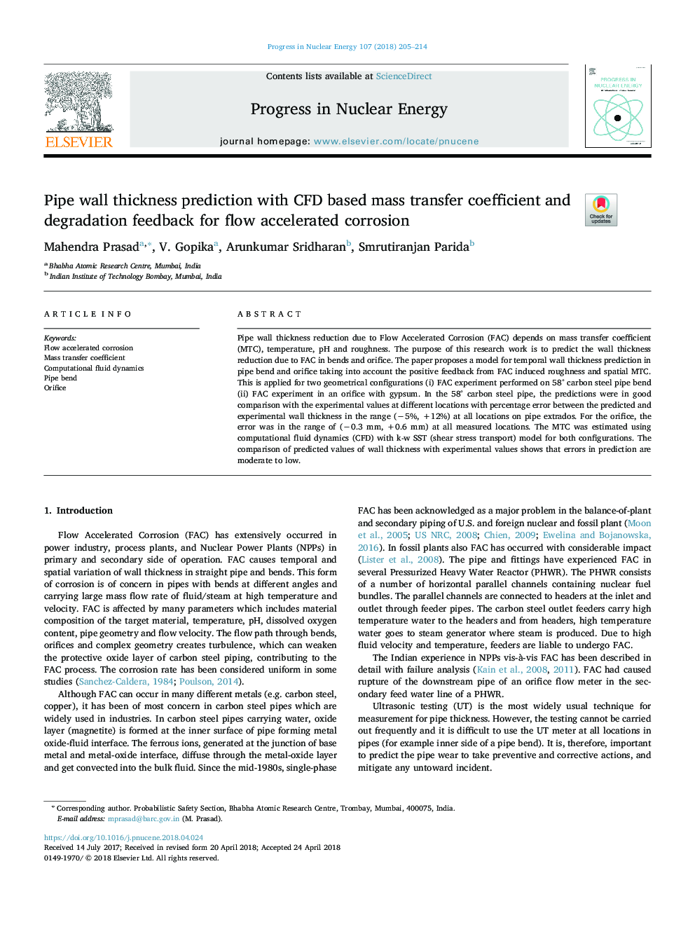 Pipe wall thickness prediction with CFD based mass transfer coefficient and degradation feedback for flow accelerated corrosion