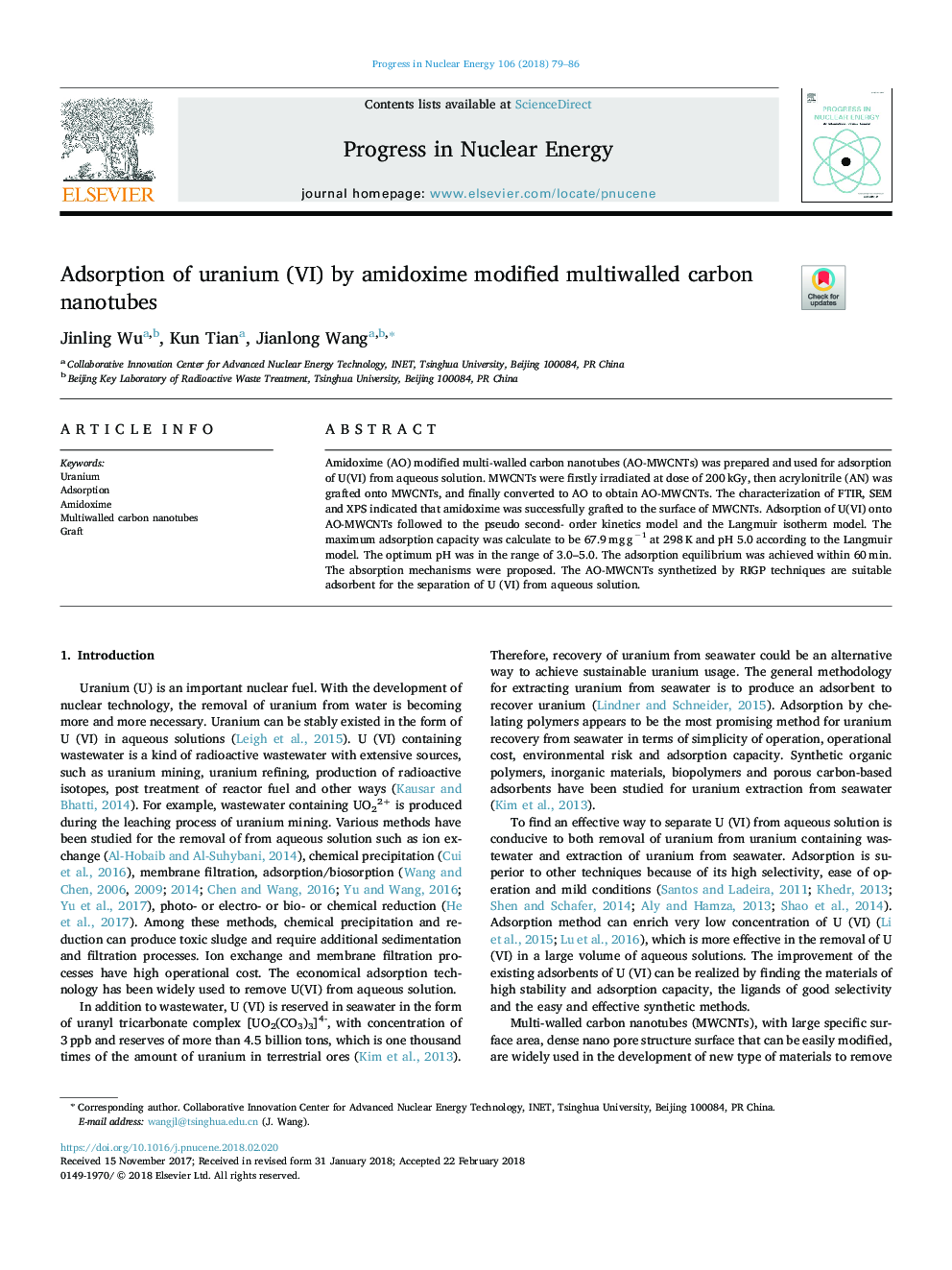 Adsorption of uranium (VI) by amidoxime modified multiwalled carbon nanotubes