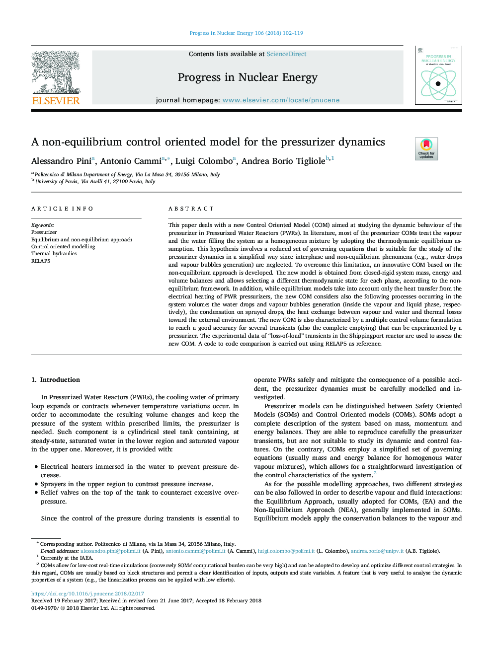 A non-equilibrium control oriented model for the pressurizer dynamics