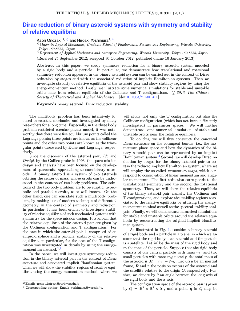 عکس صفحه اول مقاله: Dirac reduction of binary asteroid systems with symmetry and stability of relative equilibria Dirac reduction of binary asteroid systems with symmetry and stability of relative equilibria