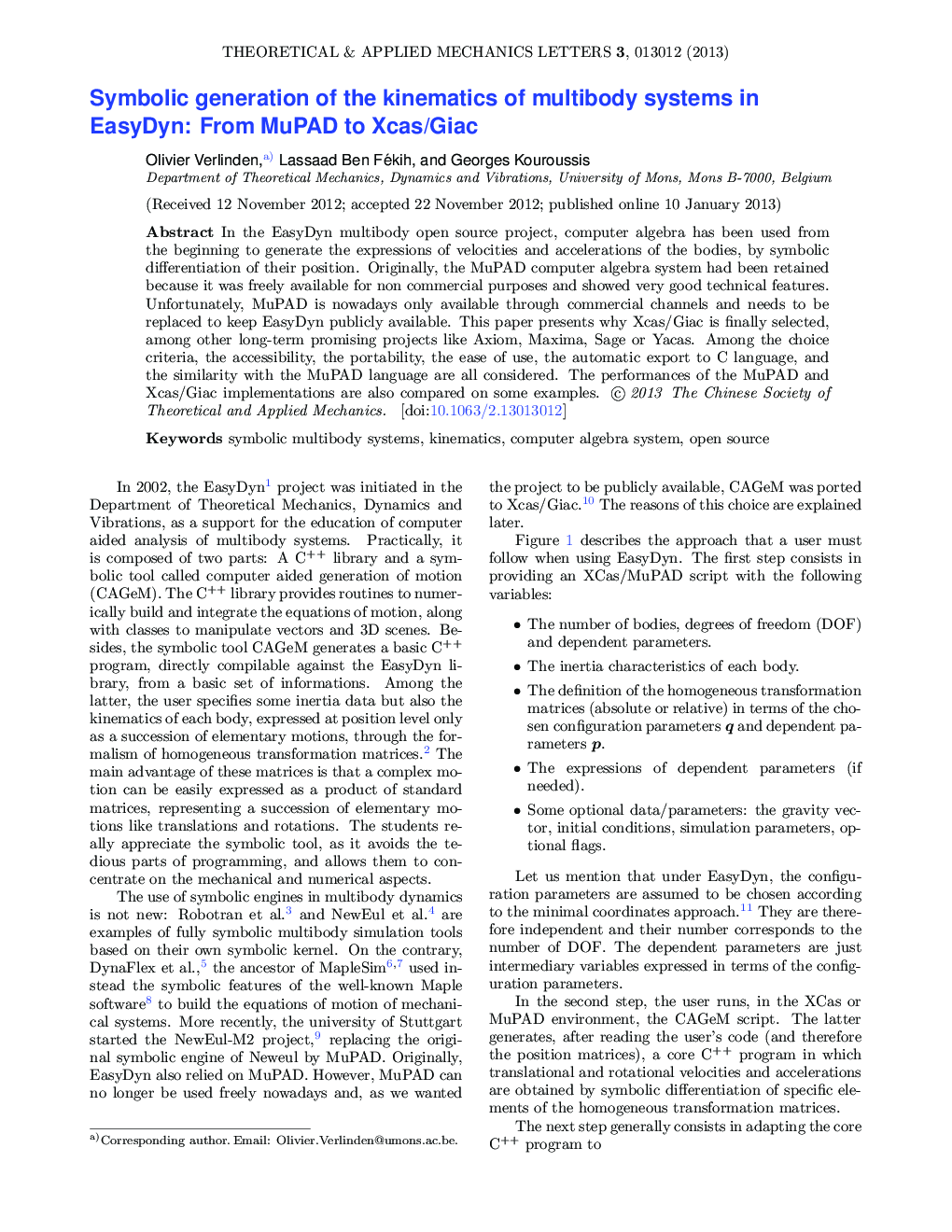 عکس صفحه اول مقاله: Symbolic generation of the kinematics of multibody systems in EasyDyn: From MuPAD to Xcas/Giac Symbolic generation of the kinematics of multibody systems in EasyDyn: From MuPAD to Xcas/Giac