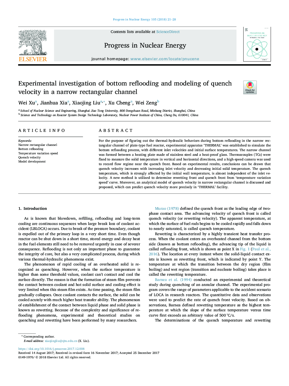 Experimental investigation of bottom reflooding and modeling of quench velocity in a narrow rectangular channel