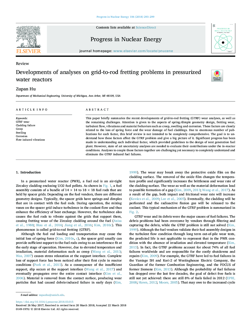 Developments of analyses on grid-to-rod fretting problems in pressurized water reactors