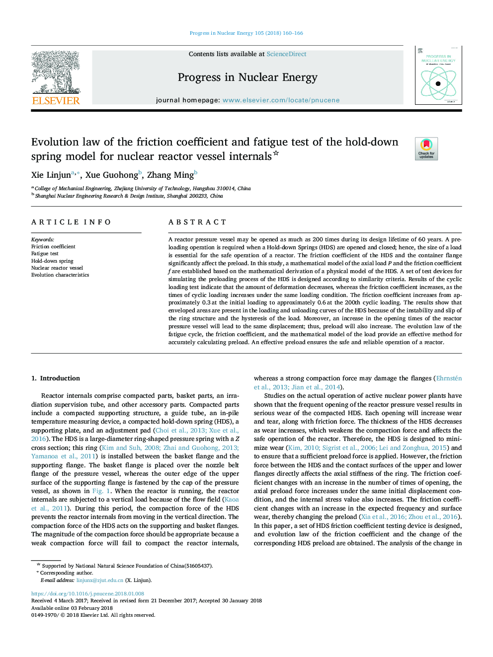Evolution law of the friction coefficient and fatigue test of the hold-down spring model for nuclear reactor vessel internals