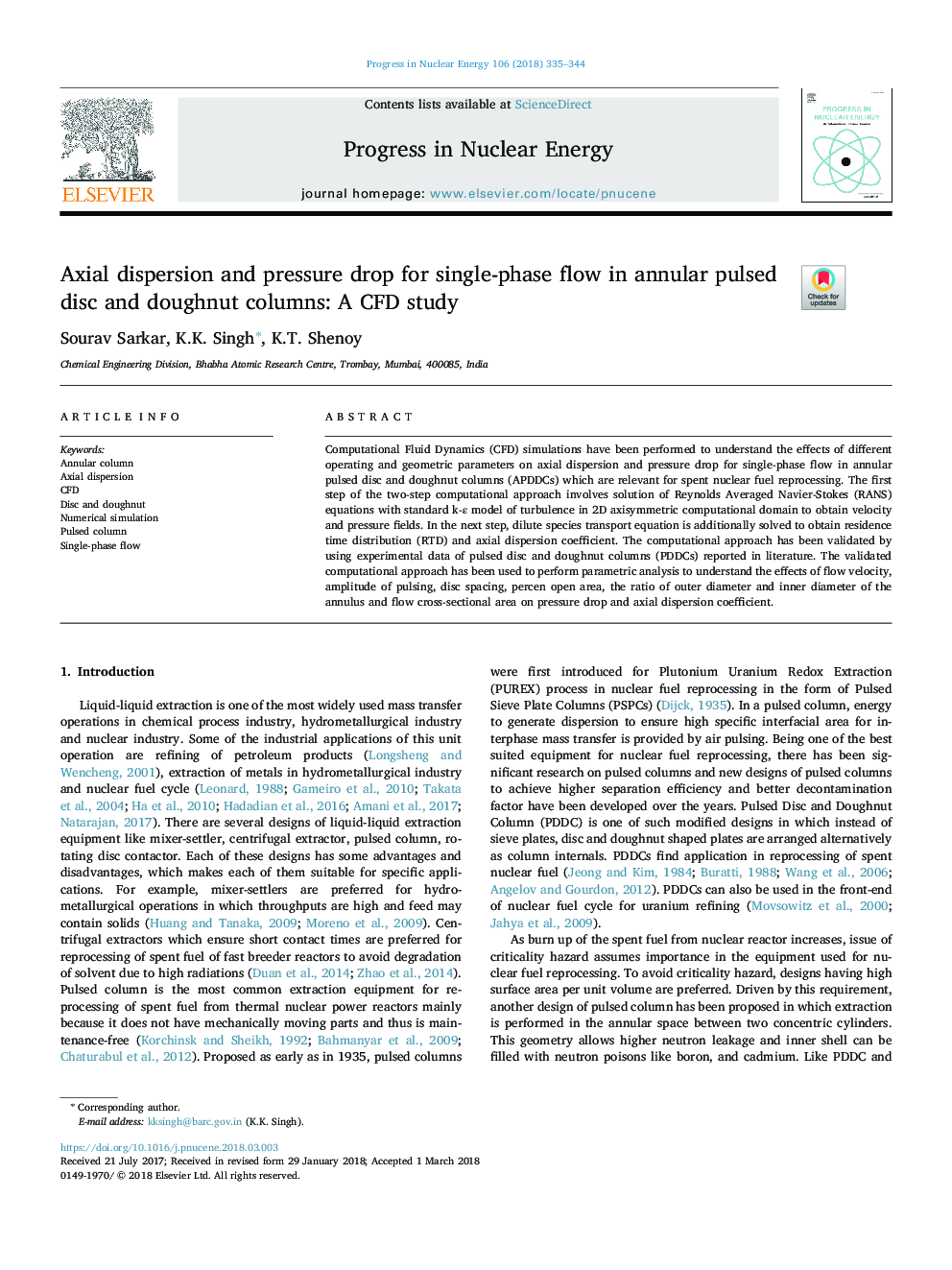 Axial dispersion and pressure drop for single-phase flow in annular pulsed disc and doughnut columns: A CFD study