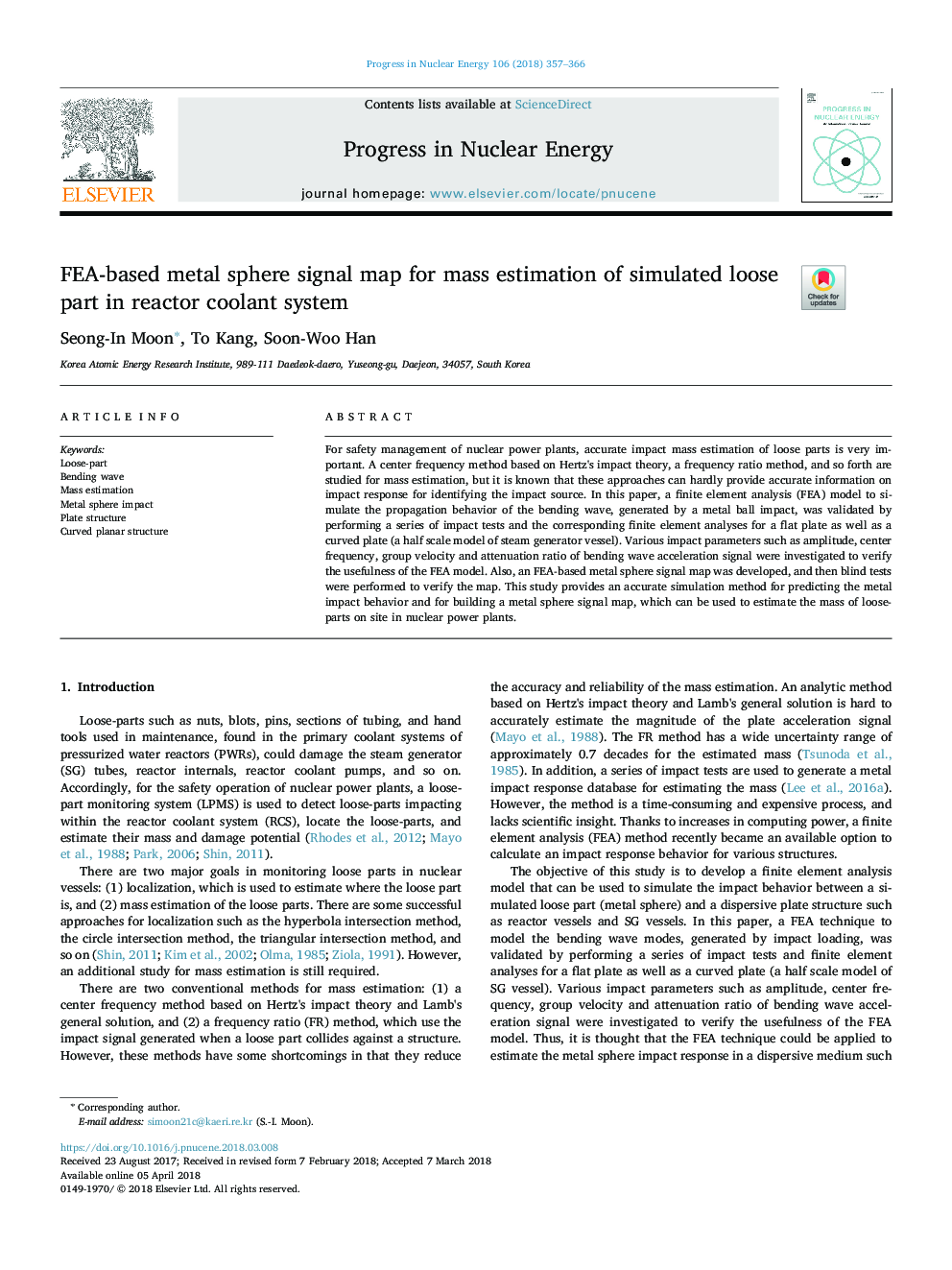 FEA-based metal sphere signal map for mass estimation of simulated loose part in reactor coolant system