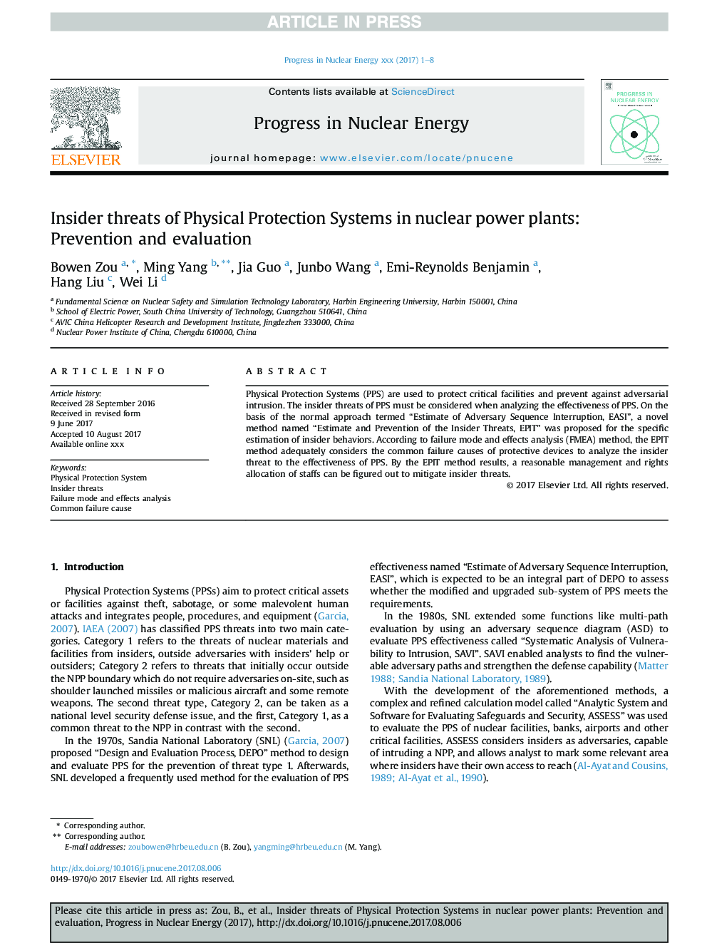 Insider threats of Physical Protection Systems in nuclear power plants: Prevention and evaluation
