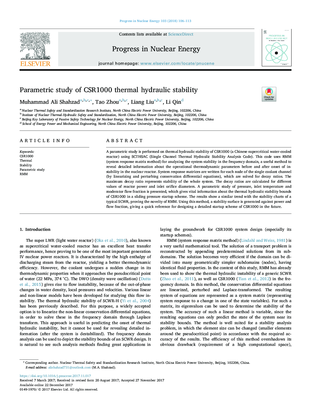 Parametric study of CSR1000 thermal hydraulic stability