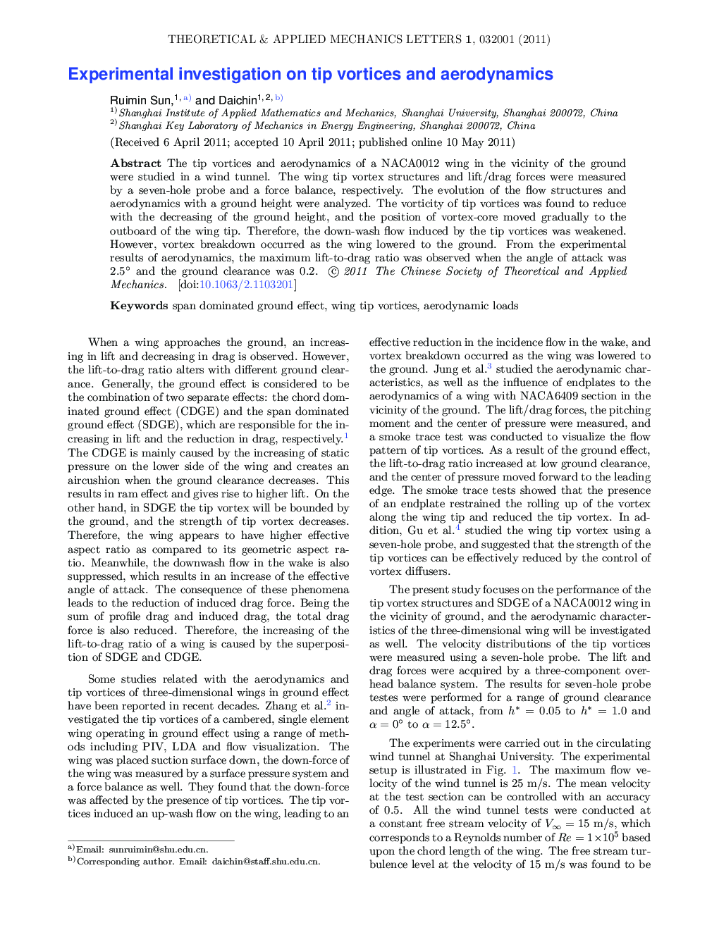 عکس صفحه اول مقاله: Experimental investigation on tip vortices and aerodynamics Experimental investigation on tip vortices and aerodynamics