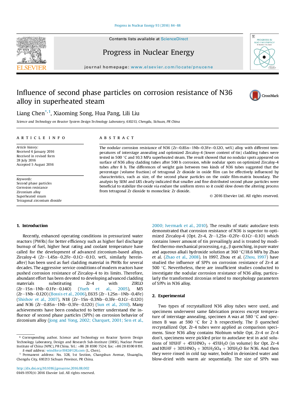 عکس صفحه اول مقاله: Influence of second phase particles on corrosion resistance of N36 alloy in superheated steam Influence of second phase particles on corrosion resistance of N36 alloy in superheated steam