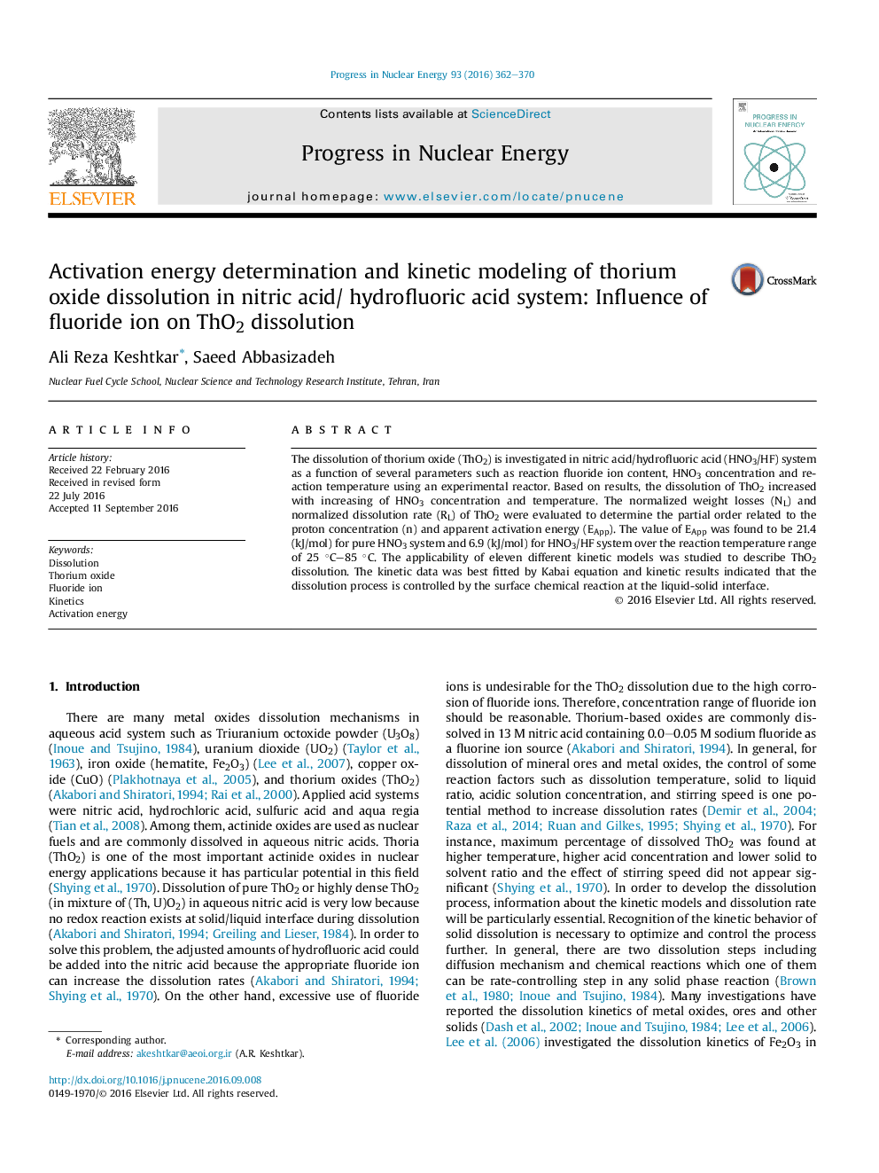 Activation energy determination and kinetic modeling of thorium oxide dissolution in nitric acid/ hydrofluoric acid system: Influence of fluoride ion on ThO2 dissolution